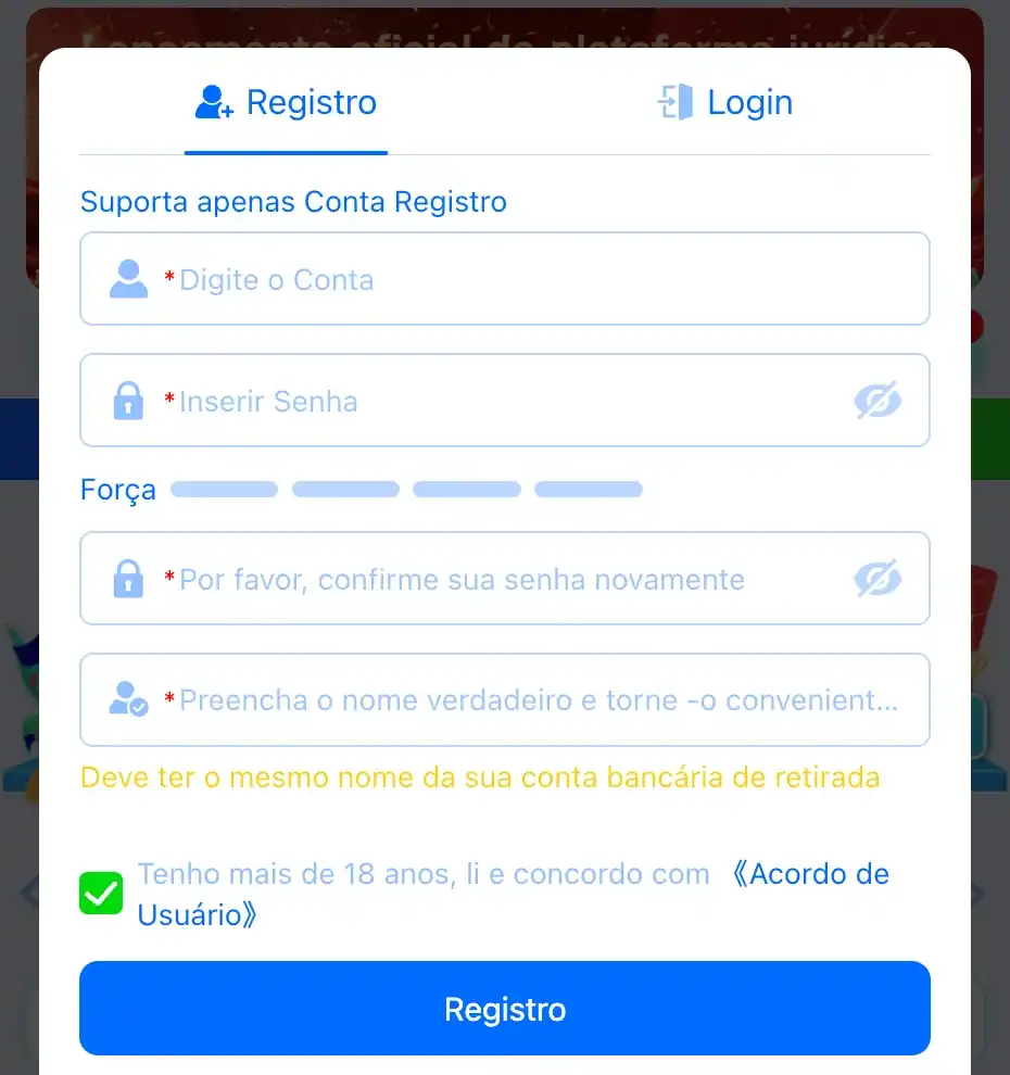 Tela de registro no site RANKING777